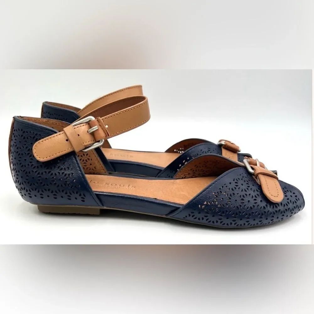 Gentle Souls By Kenneth Cole Bessie Blue Brown Floral Perf Flats Sandals 8.5 M